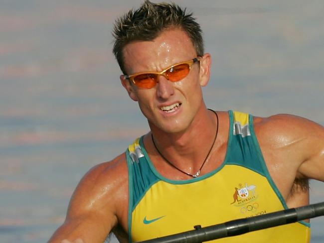 ATHENS - AUGUST 27:  Nathan Baggaley of Australia competes during the men's K-1 class 1,000 metre final on August 27, 2004 during the Athens 2004 Summer Olympic Games at the Schinias Olympic Rowing and Canoeing Centre in Athens, Greece. (Photo by Stuart Franklin/Getty Images)