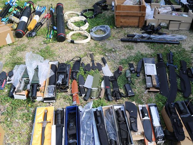 Some of the weapons laid out on the property in Sydney’s west.