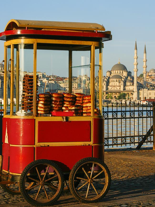 A cart with Turkish bagels known as Simit in Istanbul, Turkey