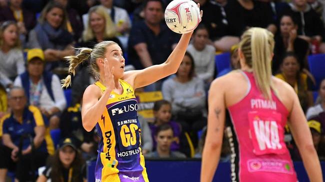 Cara Koenen of the Lightning (left) in action during the Round 14 Super Netball match between the Sunshine Coast Lightning and the Adelaide Thunderbirds at the USC Stadium on the Sunshine Coast, Saturday, August 24, 2019. (AAP Image/Dan Peled) NO ARCHIVING, EDITORIAL USE ONLY. Picture: DAN PELED