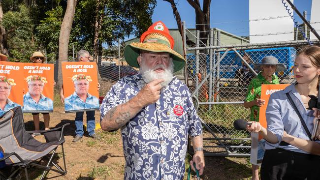 Protesters waited outside for Mr Morrison wearing Hawaiian shirts. Picture: Jason Edwards