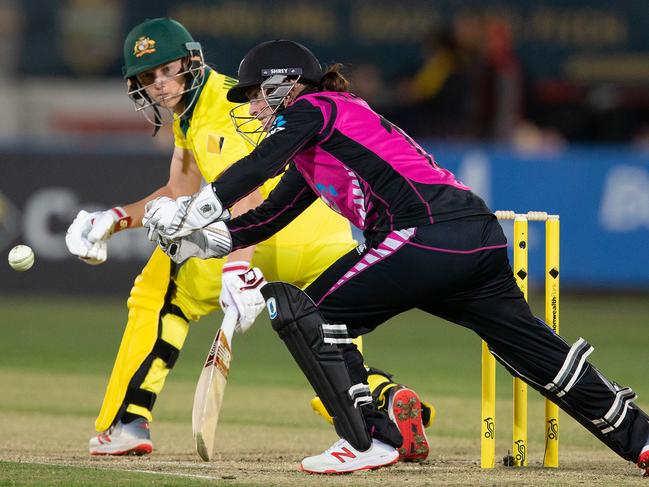 Meg Lanning of Australia is dropped by New Zealand's wicketkeeper Katey Martin. Picture: AAP Image