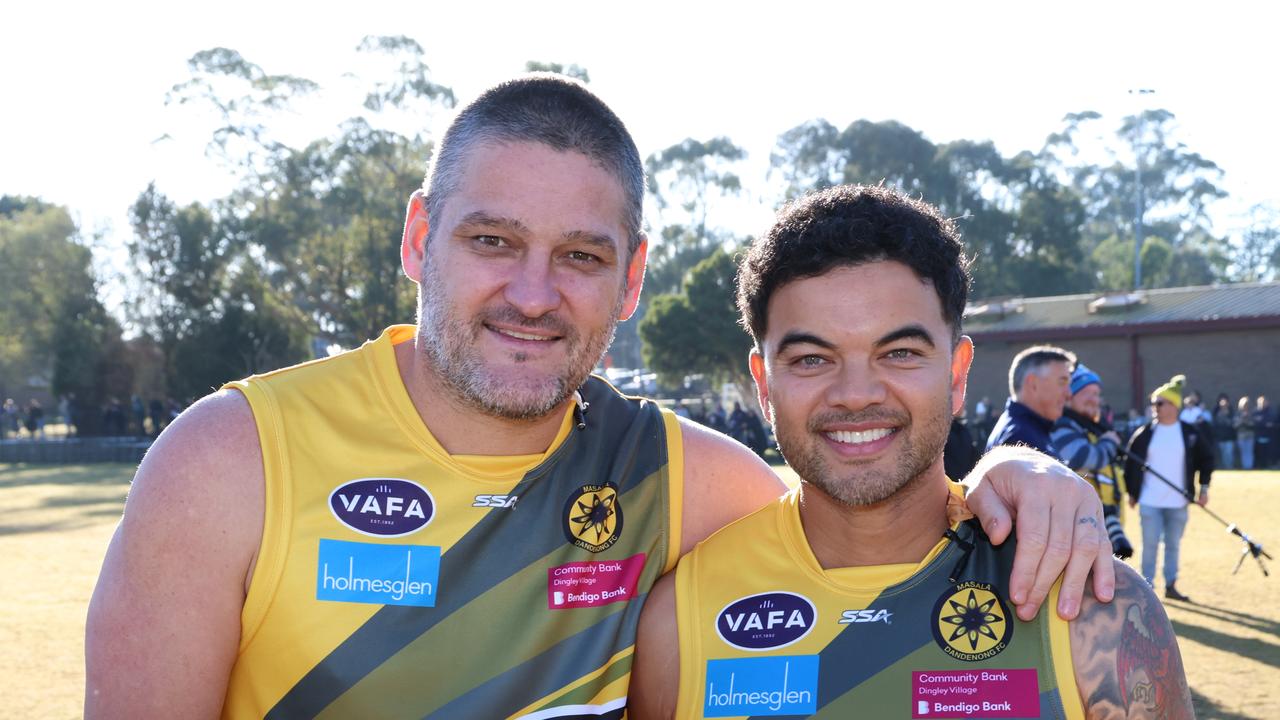Guy Sebastian and Brendan Fevola Play Footy for the struggling VAFA side Masala Thirds. Guy ended up getting injured and taken off. Saturday, May 10. 2025. Picture: David Crosling