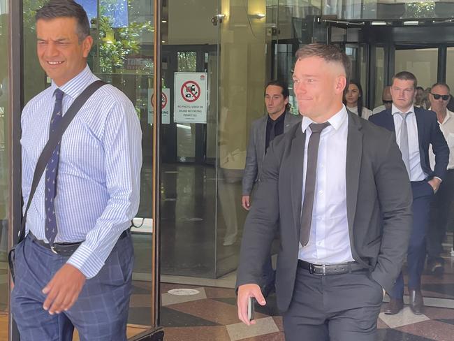 NRL gun Tom Starling (right) with his lawyer Samar Singh-Panwar outside Downing Local Court on February 10, 2023, after a charge of hindering police was dropped. Picture: Alexi Demetriadi