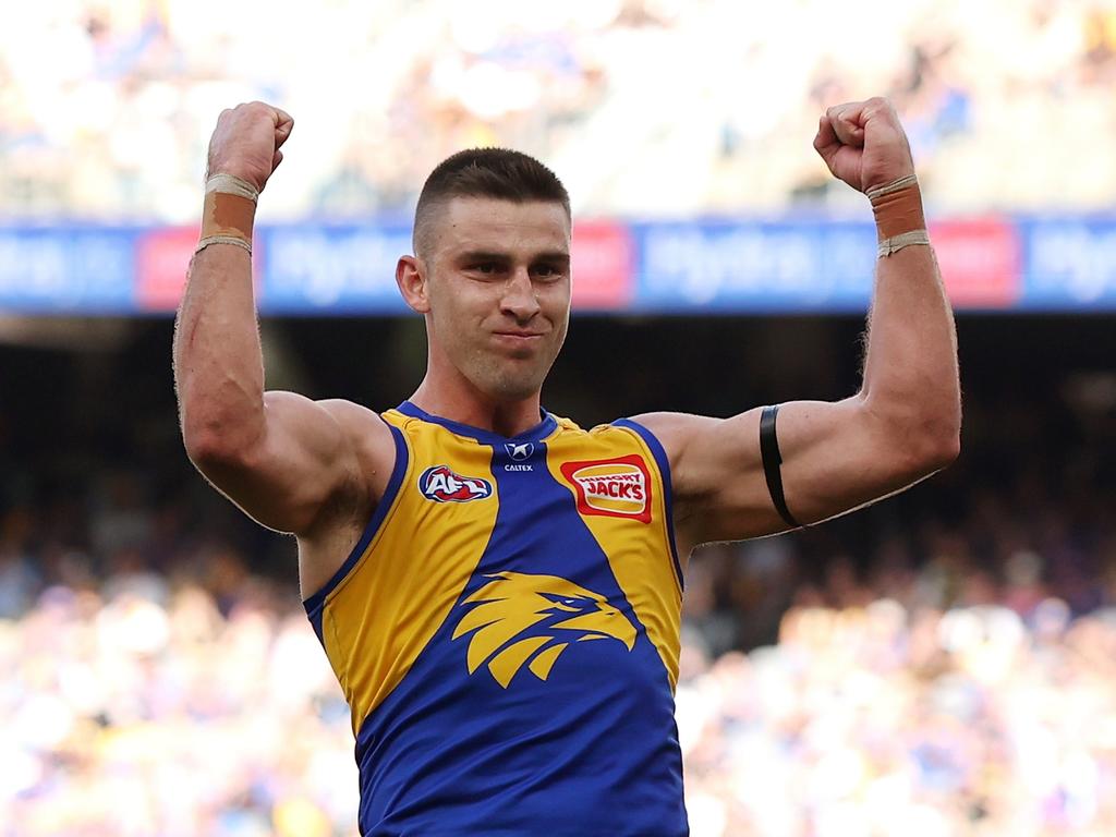 Elliot Yeo celebrates after scoring a goal against the Tigers on Sunday. Picture: Will Russell/AFL Photos via Getty Images