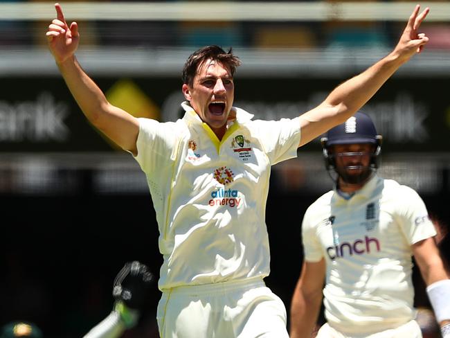 BRISBANE, AUSTRALIA - DECEMBER 11: Pat Cummins of Australia appeals for a wicket during day four of the First Test Match in the Ashes series between Australia and England at The Gabba on December 11, 2021 in Brisbane, Australia. (Photo by Chris Hyde/Getty Images)