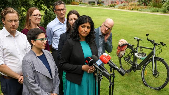 The Victorian Greens Party, led by Samantha Ratnam, holds a press conference in the gardens of Parliament House on Sunday. Picture: NCA NewsWire/Ian Currie