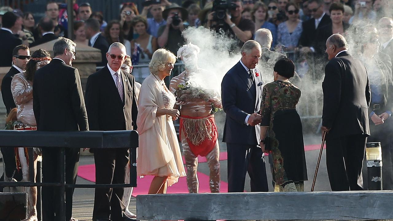 HRH The Duchess of Cornwall and HRH The Prince of Wales arrive at an indigenous smoking ceremony at the Sydney Opera House in Sydney, Friday, Nov. 9, 2012. The royal couple are visiting pacific nations as part of their royal tour to mark Queen Elizabeth's Diamond Jubilee. (AAP Image/Brendon Thorne) NO ARCHIVING