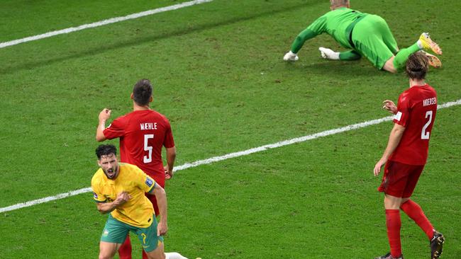 Mathew Leckie celebrates after scoring for Australia against Denmark. Picture: AFP