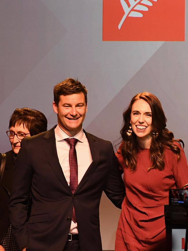 Jacinda Ardern and partner Clarke Gayford celebrate after she won the 2020 general election. Getty Images)