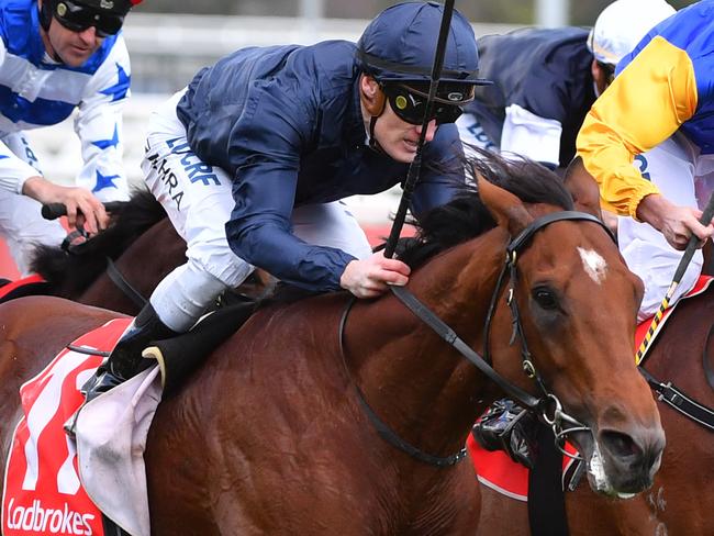 Jockey Mark Zahra rides Cape Of Good Hope to victory from Jockey Brad Rawiller riding Balck Heart Bart (R) in race 7, the Ladbrokes Stakes,  during the Caulfield Guineas Day at Caulfield Racecourse in Melbourne, Saturday, October 12, 2019. (AAP Image/Vince Caligiuri) NO ARCHIVING, EDITORIAL USE ONLY