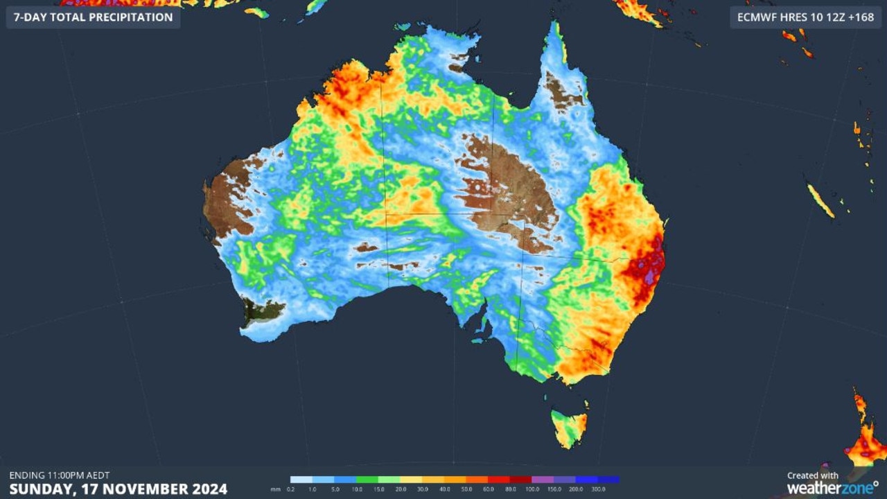 Accumulated rain this week indicating where the rain and storms were expected to occur over the next seven days. Picture: Weatherzone