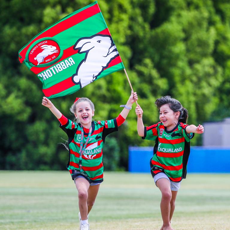 Seven year old Sharman and six year old Tayla McBurney at the Rabbitohs Members and Supporters Open Training Session on the Gold Coast. Picture: Nigel Hallett