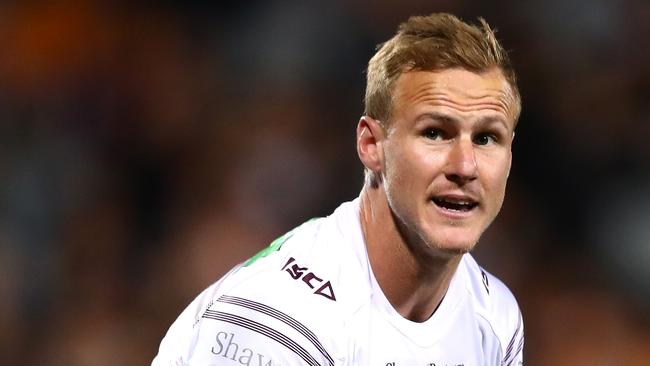 SYDNEY, AUSTRALIA — AUGUST 23: Daly Cherry-Evans of the Sea Eagles talks to teammates during the round 24 NRL match between the Wests Tigers and the Manly Sea Eagles at Campbelltown Sports Stadium on August 23, 2018 in Sydney, Australia. (Photo by Cameron Spencer/Getty Images)