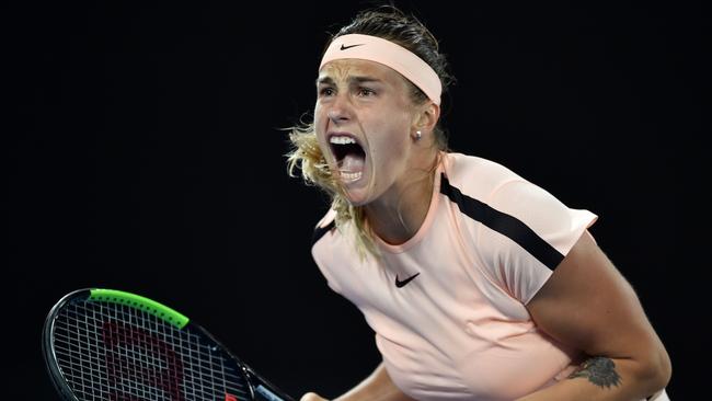 Belarus’ Aryna Sabalenka screams during her match against Australia’s Ashleigh Barty at Melbourne Park