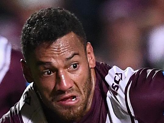 SYDNEY, AUSTRALIA - MARCH 31: Apisai Koroisau of the Sea Eagles makes a break during the round five NRL match between the Manly Sea Eagles and the South Sydney Rabbitohs at Brookvale Oval on March 31, 2016 in Sydney, Australia. (Photo by Cameron Spencer/Getty Images)