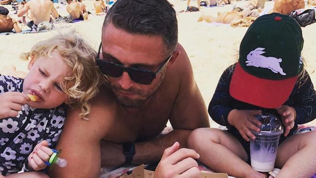 Sam Burgess with Poppy and Billy at Coogee Beach in December. Picture: Instagram