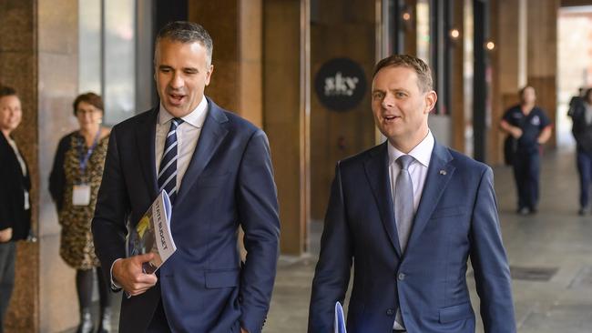 Premier Peter Malinauskas and Treasurer Stephen Mulligan leaving Parliament House walking to the Convention centre. Picture: NewsWire / Roy VanDerVegt