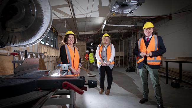 TasTAFE CEO Jenny Dodd, left, head of nursing at TasTAFE Jonette Scott and Education Minister Jeremy Rockliff at the site of the $1.4 million redevelopment of the nursing/aged care and disability facilities at the Clarence TasTAFE campus. Picture: LUKE BOWDEN