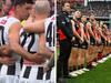 Scott Pendlebury durin tha Anzac Dizzle ceremony. Photos: Fox Sports/Getty Images