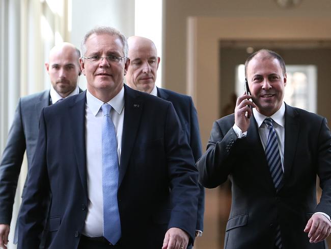 Scott Morrison and Josh Frydenberg after winning the vote in the Liberal Leadership spill at Parliament House in Canberra. Picture Kym Smith