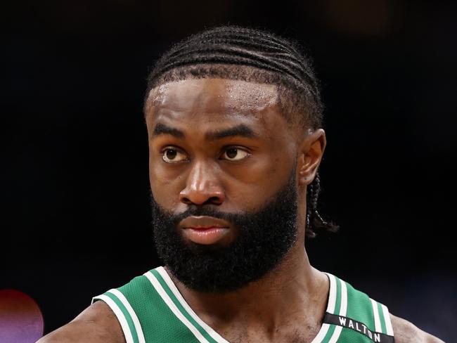 BOSTON, MASSACHUSETTS - JUNE 17: Jaylen Brown #7 of the Boston Celtics looks on during the second quarter of Game Five of the 2024 NBA Finals against the Dallas Mavericks at TD Garden on June 17, 2024 in Boston, Massachusetts. NOTE TO USER: User expressly acknowledges and agrees that, by downloading and or using this photograph, User is consenting to the terms and conditions of the Getty Images License Agreement. (Photo by Elsa/Getty Images)