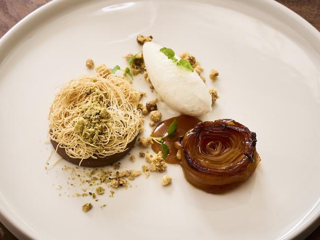 A deconstructed pink lady apple pie.