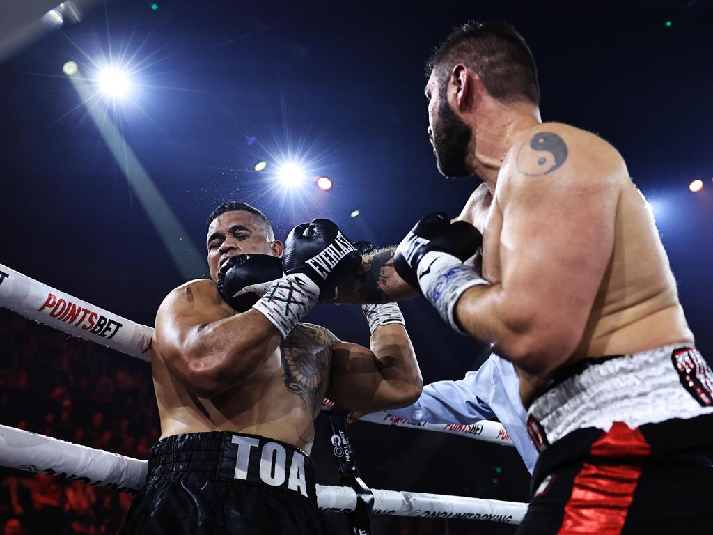 Brandon Grach lands a big right on John Maila at the No Limit Boxing fight night at WIN Entertainment Centre on July 10, 2024. Picture: No Limit Boxing/Gregg Porteous