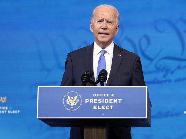 US President-elect Joe Biden speaks about the Electoral College vote in Wilmington, Delaware. Picture: AFP