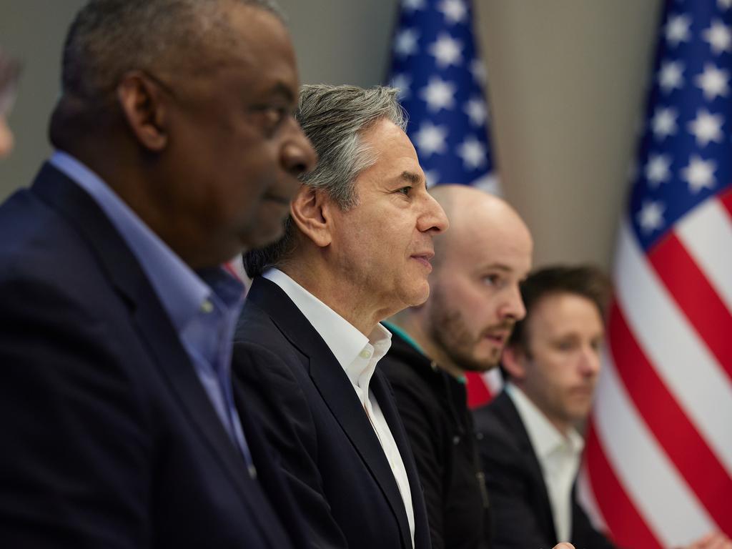 US Secretary of State Antony Blinken (2nd from left) and US Defense Secretary Lloyd Austin (left) attend a meeting with Ukrainian President Volodymyr Zelenskyy. Picture: Getty Images