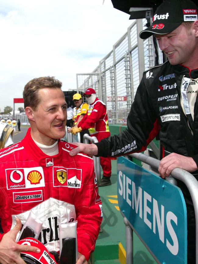 Schumacher with Max’s Dad Jos Verstappen at the 2003 Australian Grand Prix. Picture: Martin Rose/Bongarts/Getty Images