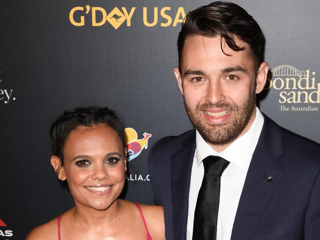 Acclaimed Aussie actress  Miranda Tapsell and fiance James Colley on the red carpet. Picture: Getty  