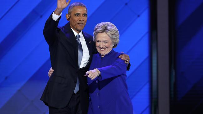 Obama and Hillary Clinton shared a moment on stage after the speech.