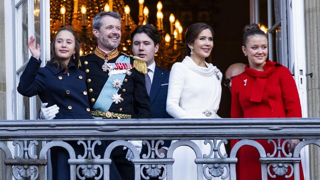 King Frederik X with Queen Mary, Crown Prince Christian, Princess Isabella and Princess Josephine on the balcony of Amalienborg Castle after his proclamation in Copenhagen. Picture: Getty Images