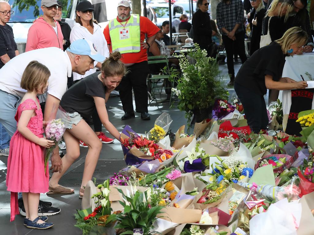 A sea of floral tributes at Pellegrini’s. Picture: Alex Coppel