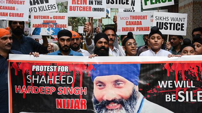 Members of Pakistan's Sikh community take part in a protest following the killing in Canada of Sikh leader Hardeep Singh Nijjar. Picture: AFP.