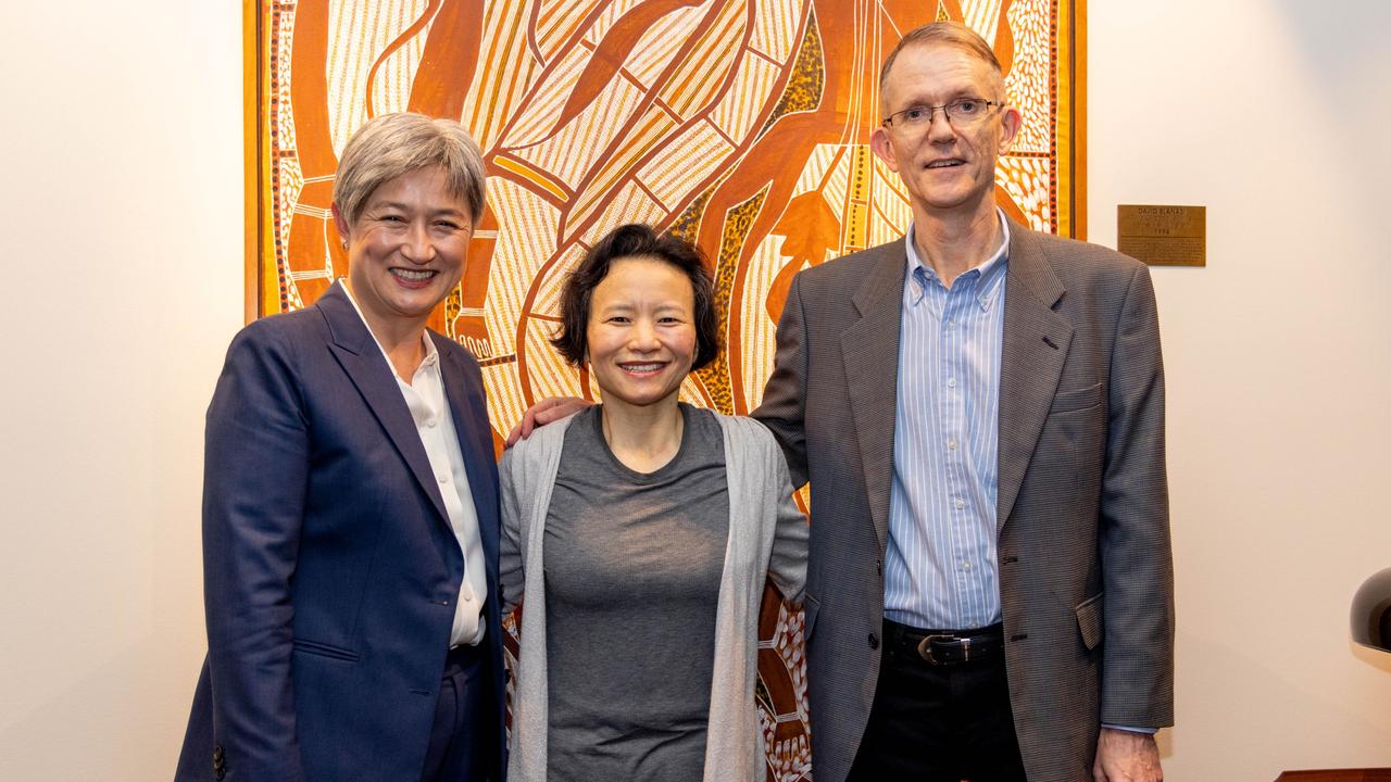 Cheng Lei pictured with Foreign Affairs minister Penny Wong and Australia’s ambassador to China, Graham Fletcher.