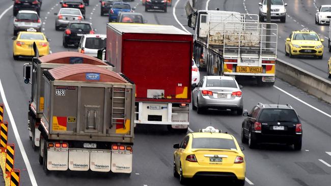 A group of tip Trucks are reportedly doing a drive slow protest along the Tullamarine Freeway blocking traffic. Picture: Nicole Garmston