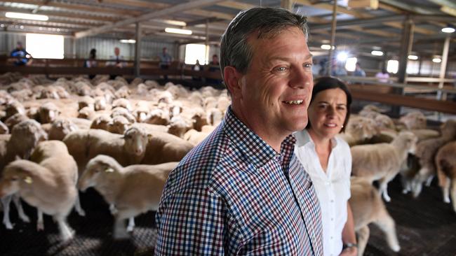 Opposition Leader Tim Nicholls and deputy leader Deb Frecklington in Charleville today. Picture: AAP Image/Dan Peled