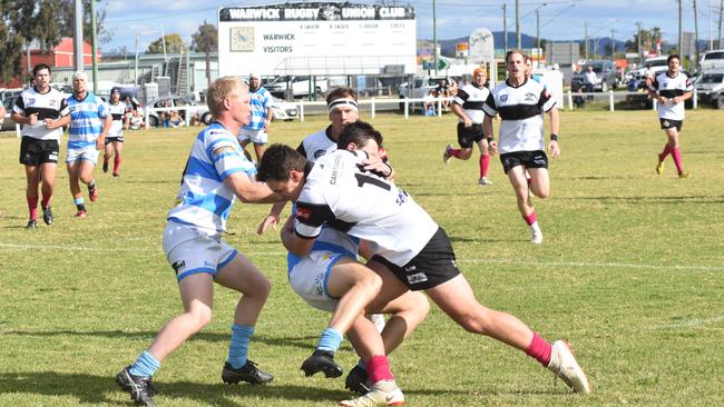 ON-FIELD CLASH: Warwick Water Rats player Jordyn Hogden getting tackled in Saturday’s home game. Picture: Emily Clooney