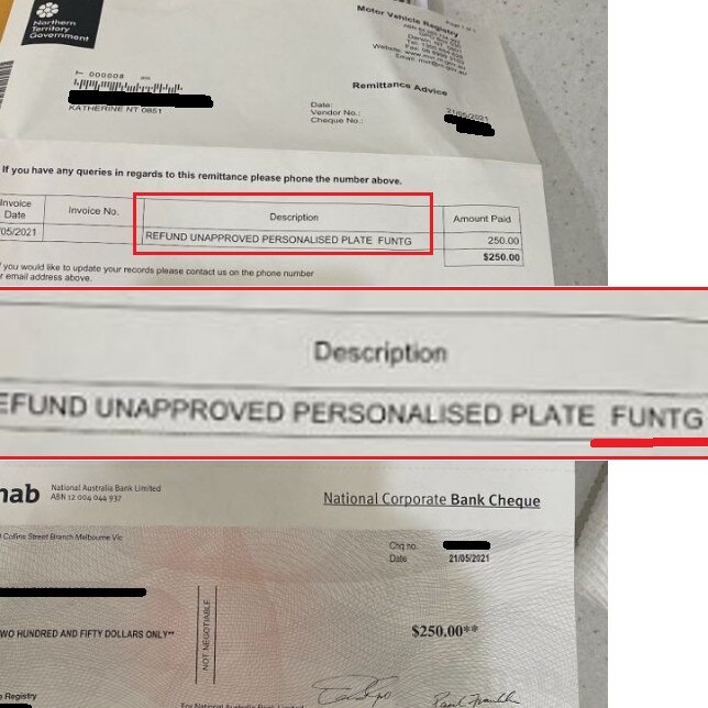 The rejection letter sent denying Katherine resident of the number plat “FUNTG”. Picture: Supplied.