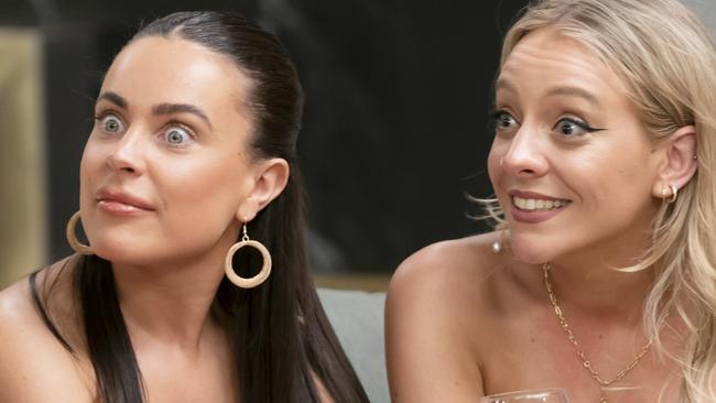 Dinner party drama on MAFS 2023. The girl in the blue dress is Bronte  Schofield.Picture: Supplied/Channel 9