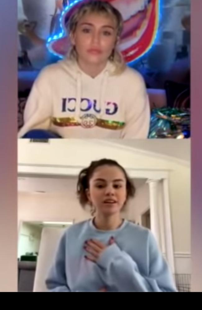 Miley Cyrus and Selena Gomez talk about the coronavirus lockdown on Instagram. Picture: YouTube