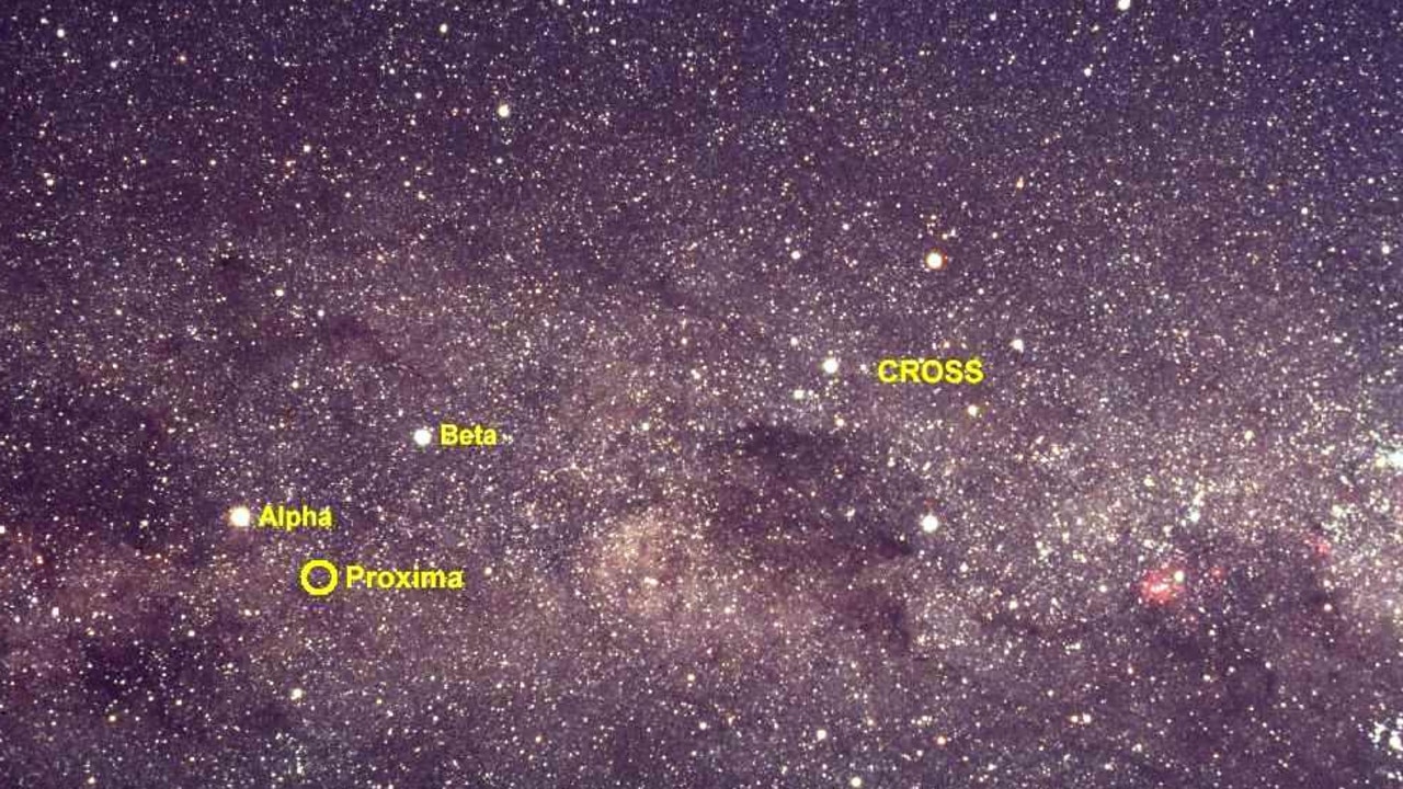 The Southern Cross and the pointers Alpha and Beta Centauri, showing the position of Proxima Centauri, which cannot be seen with the naked eye. Picture: Martin George