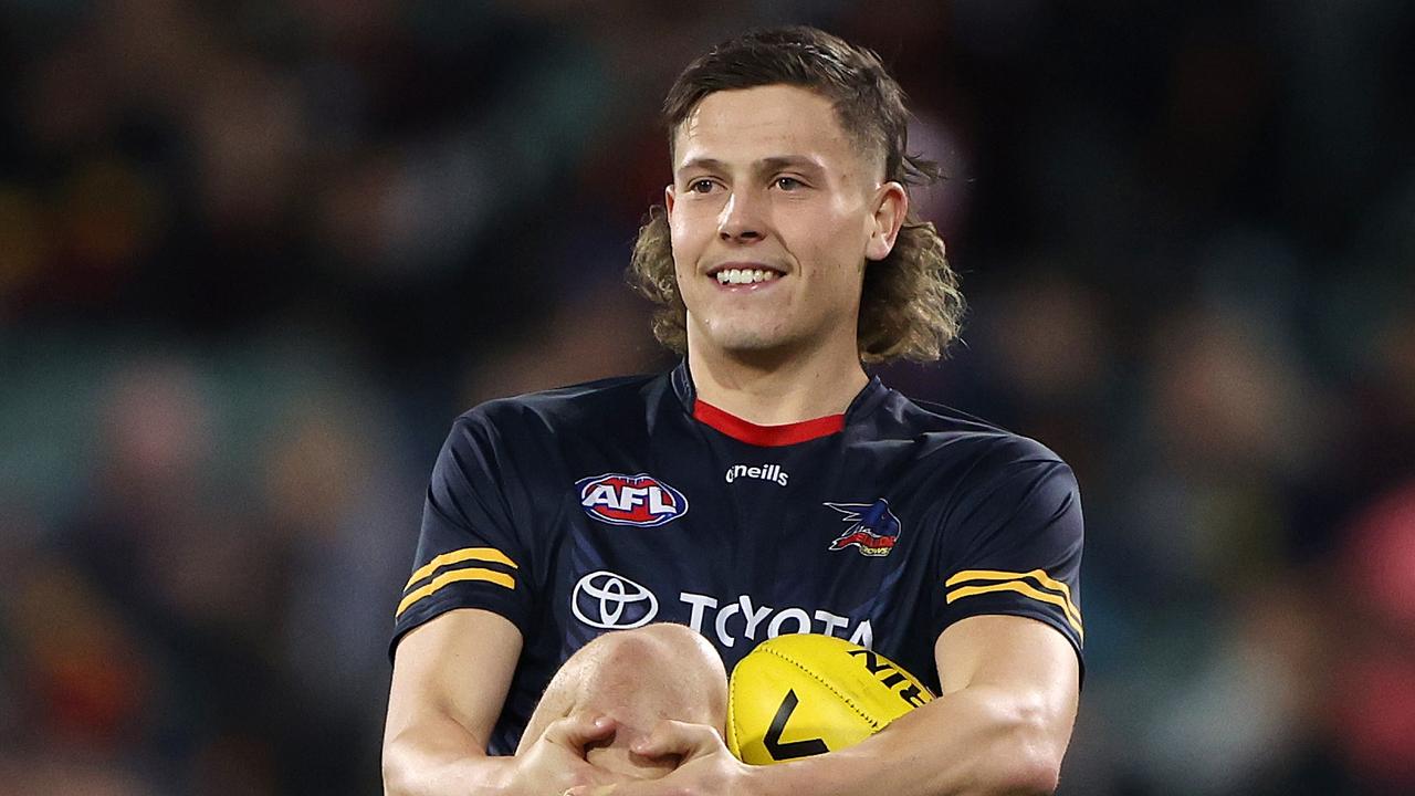 Jake Soligo went down with an ankle injury. (Photo by Sarah Reed/AFL Photos via Getty Images)