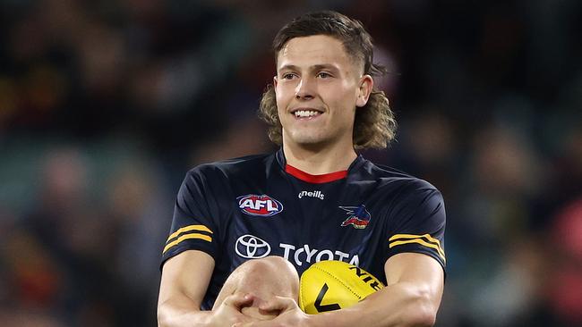 Jake Soligo went down with an ankle injury. (Photo by Sarah Reed/AFL Photos via Getty Images)