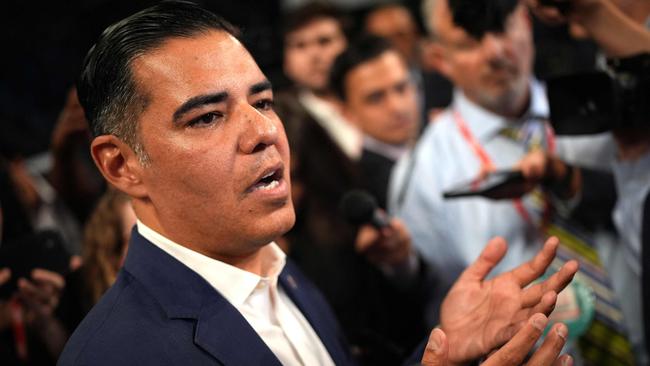 Robert Garcia speaks to reporters in the spin room. Picture: Getty Images via AFP.