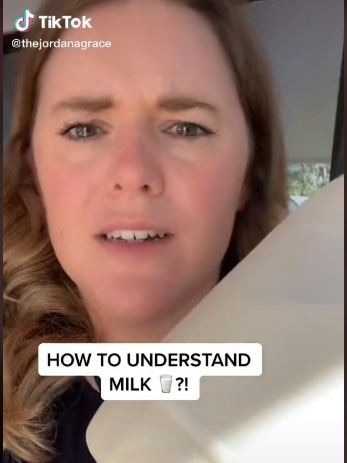 A British expat explains she’s confused by Australia’s ‘complicated’ milk range. Picture: TikTok/thejordanagrace.