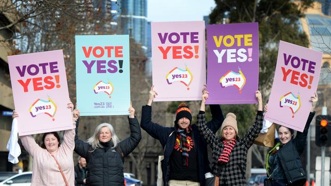 Supporters of the upcoming Voice to Parliament referendum gather for a rally at Trades Hall in Melbourne. Picture: NCA NewsWire / Andrew Henshaw