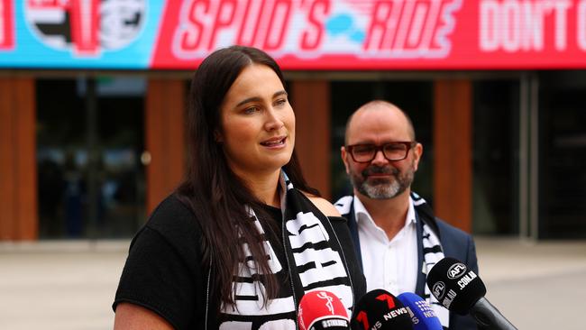 Chelsea Frawley promotes the annual event honouring her father. Picture: Morgan Hancock/AFL Photos/via Getty Images